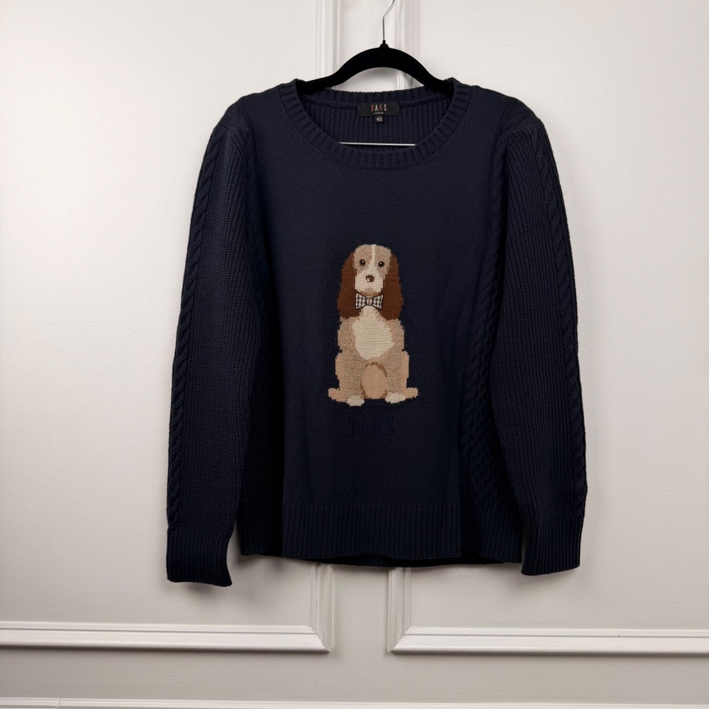 DAKS London‎ Vintage Wool Spaniel Intarsia Sweater Navy Old Money Preppy Size 42